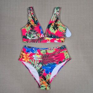 Hilinker Women Pink Tropical Floral High Waisted Bikini Set Swimsuit Size S NWT